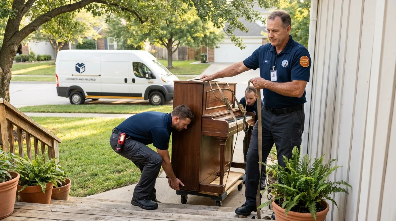 Licensed piano movers securing grand piano in California, MD