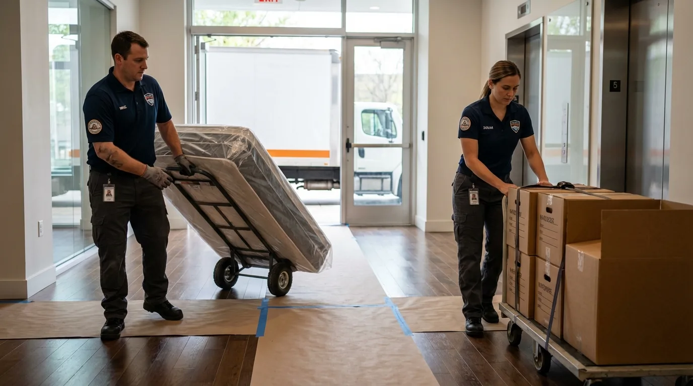 Professional apartment movers loading elevator in California, MD